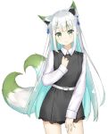  1girl animal_ear_fluff animal_ears aqua_hair belt black_dress blush collared_dress cowboy_shot dress earrings fox_ears fox_girl fox_tail fuji_noyume green_eyes green_hair hand_on_own_thigh hand_up jewelry long_hair long_sleeves looking_at_viewer multicolored_hair multiple_tails original sidelocks silver_hair simple_background smile solo standing streaked_hair tail thighs two-tone_hair two_tails very_long_hair white_background 
