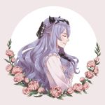  1girl aequorine alternate_costume bow camilla_(fire_emblem_if) closed_eyes fire_emblem fire_emblem_if flower from_side hair_bow highres long_hair long_sleeves nintendo parted_lips purple_hair simple_background solo tiara twitter_username upper_body 