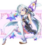  1girl black_skirt blue_eyes boots brynhildr_(fate) brynhildr_romantia fate/grand_order fate/kaleid_liner_prisma_illya fate/prototype fate/prototype:_fragments_of_blue_and_silver fate_(series) frills full_body gloves holding holding_wand long_hair magical_girl mizurapi parody pink_background sailor_collar saint_quartz silver_hair skirt smile solo thigh-highs thigh_boots wand white_footwear white_gloves white_sailor_collar 