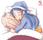  1girl alternate_costume artist_logo bed bed_sheet blanket blue_hair blush closed_eyes cowboy_shot dated drooling eyebrows_visible_through_hair gradient_hair hair_between_eyes hair_ribbon hat highres hug indoors kanon_(kurogane_knights) kantai_collection long_hair long_sleeves lying multicolored_hair on_side open_mouth pajamas pillow pillow_hat ribbon samidare_(kantai_collection) signature simple_background sleeping solo stuffed_toy the_yuudachi-like_creature very_long_hair white_background yellow_ribbon 