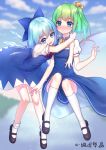  2girls :d absurdres bangs black_footwear blue_dress blue_eyes blue_hair blush bow chi_yei cirno closed_mouth clouds daiyousei dress eyebrows_visible_through_hair fairy_wings flying full_body green_hair hair_bow highres hug ice ice_wings kneehighs looking_at_viewer looking_back mary_janes multiple_girls nose_blush open_mouth pinafore_dress puffy_short_sleeves puffy_sleeves red_bow shirt shoes short_hair short_sleeves side_ponytail sky smile touhou white_legwear white_shirt wind wind_lift wings yellow_bow 