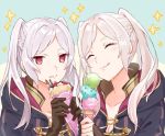  2girls closed_eyes closed_mouth cute eating female_my_unit_(fire_emblem:_kakusei) fire_emblem fire_emblem:_kakusei food gimurei gloves holding hood hood_down ice_cream ice_cream_cone intelligent_systems licking_lips menoko multiple_girls my_unit_(fire_emblem:_kakusei) nintendo parted_lips red_eyes simple_background super_smash_bros. tongue tongue_out twintails upper_body white_hair 