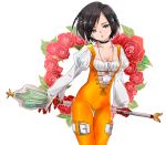  1girl bodysuit breasts choker cleavage commentary_request final_fantasy final_fantasy_ix flower garnet_til_alexandros_xvii gloves graphite_(medium) grey_eyes groin highres jewelry lips looking_at_viewer necklace orange_bodysuit short_hair solo staff traditional_media weapon 