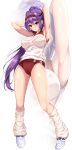  1girl armpits arms_behind_head arms_up blue_bow blush bow breasts buruma commentary_request erect_nipples eyebrows_visible_through_hair fate/grand_order fate_(series) fukuda_shuushi full_body gym_uniform hair_bow highres large_breasts long_hair open_mouth purple_hair red_buruma red_eyes scathach_(fate)_(all) shiny shiny_hair shiny_skin shoes sleeveless sneakers socks solo white_background white_legwear zoom_layer 