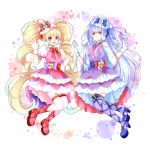  2girls absurdly_long_hair aisaki_emiru bangs blonde_hair boots bow bowtie cure_amour cure_macherie detached_sleeves dress eyebrows_visible_through_hair floating_hair gloves hair_bow highres hugtto!_precure layered_dress lazy_orange long_hair long_sleeves looking_at_viewer multiple_girls pink_footwear precure purple_footwear purple_legwear red_bow red_neckwear ruru_amour short_dress silver_hair thigh-highs twintails very_long_hair violet_eyes white_background white_gloves white_legwear white_sleeves 
