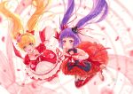  2girls :d asahina_mirai black_headwear blonde_hair bow choker closed_mouth cure_magical cure_miracle dress frills full_body gloves hair_bow hairband hand_holding hat holding holding_wand izayoi_liko long_hair looking_at_viewer magical_girl mahou_girls_precure! mini_hat mini_witch_hat multiple_girls open_mouth petals pf pink_headwear precure purple_hair red_bow red_dress red_footwear red_hairband red_legwear ruby_style shoes smile striped striped_bow thigh-highs twintails violet_eyes wand white_gloves white_legwear witch_hat 