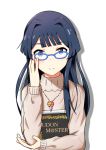  1girl bangs black_eyes blue-framed_eyewear blue_hair eyebrows_visible_through_hair glasses grey_sweater hair_intakes highres idolmaster idolmaster_million_live! jewelry long_hair long_sleeves looking_at_viewer mogami_shizuka necklace shadow shiny shiny_hair simple_background smile so_korokoro solo sweater upper_body very_long_hair white_background 