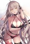  1girl ahoge arm_under_breasts bangs beach bikini black_bikini black_gloves blurry blurry_background blush breasts check_commentary choker cleavage collarbone commentary commentary_request eyebrows_visible_through_hair fate/grand_order fate_(series) gloves groin hair_between_eyes hand_on_own_head jeanne_d&#039;arc_(alter_swimsuit_berserker) jeanne_d&#039;arc_(fate)_(all) large_breasts long_hair looking_at_viewer messy_hair multiple_swords navel o-ring o-ring_bikini open_mouth outdoors red_legwear rin_yuu sheath sheathed sidelocks silver_hair simple_background single_thighhigh smile solo stomach sunset swimsuit thigh-highs thigh_strap tsurime very_long_hair white_background yellow_eyes 
