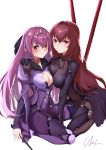  2girls absurdres blush bodysuit breast_press breasts cleavage_cutout covered_navel eyebrows_visible_through_hair fate/grand_order fate_(series) fur_trim gae_bolg hair_intakes hand_on_another&#039;s_shoulder highres kneeling large_breasts leotard long_hair looking_at_viewer multiple_girls pauldrons polearm purple_bodysuit purple_hair purple_leotard red_eyes scathach_(fate)_(all) scathach_(fate/grand_order) scathach_skadi_(fate/grand_order) shinkuwauri shoulder_armor signature skin_tight smile spear symmetrical_docking tiara veil wand weapon white_background 