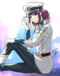  1girl 2018 black_pants boots character_request dated eyebrows_visible_through_hair from_side gloves hand_on_own_knee hat jacket long_hair looking_at_viewer military military_hat military_jacket military_uniform pants peaked_cap purple_hair red_eyes signature sitting sketch smile solo uniform white_footwear white_gloves white_headwear white_jacket yokon2199 