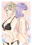  2girls absurdres back-to-back bangs bikini black_bikini blonde_hair blue_eyes blush border breasts cleavage eyebrows_visible_through_hair facial_scar floral_background folded_ponytail front-tie_bikini front-tie_top gintama glasses hair_ornament highres kotoha_(user_anzh3572) lipstick long_hair makeup multiple_girls red-framed_eyewear sarutobi_ayame scar scar_on_cheek side-tie_bikini smile swimsuit tsukuyo_(gintama) white_bikini white_border 