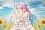  2girls :d ahoge bare_arms bare_shoulders blue_eyes blue_hair blue_sky breasts choker cleavage clouds cloudy_sky collarbone day dress flower gloves hair_flower hair_ornament halterneck hands_up heterochromia hokori_sakuni hololive interlocked_fingers kagura_mea kagura_mea_channel layered_dress long_hair looking_at_another looking_at_viewer medium_breasts minato_aqua multicolored_hair multiple_girls open_mouth outdoors own_hands_together parted_lips petals purple_flower purple_hair rose side-by-side silver_hair sky smile standing streaked_hair sunflower twintails two-tone_hair very_long_hair violet_eyes virtual_youtuber wedding_dress white_choker white_dress white_gloves yellow_eyes yellow_flower 