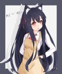  1girl animal_ear_fluff animal_ears apron bangs black_hair black_skirt brown_apron cat_ears chisuzu_mei collared_shirt commentary_request eyebrows_visible_through_hair fang grey_background hair_between_eyes hair_ribbon hand_on_hip highres long_hair long_sleeves looking_at_viewer nagato-chan one_side_up open_mouth paryi_project pleated_skirt red_eyes red_neckwear red_ribbon ribbon shirt skirt solo two-tone_background very_long_hair virtual_youtuber white_shirt 