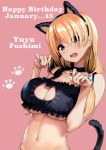  1girl :d animal_ears bangs bare_shoulders bell bell_choker blonde_hair blush breasts brown_eyes cat_ears cat_lingerie cat_tail character_name choker cleavage fushimi_yuyu highres large_breasts long_hair looking_at_viewer meme_attire navel open_mouth paw_pose paw_print salad_tokutaro smile solo tail teeth usotsuki_mii-kun_to_kowareta_maa-chan 