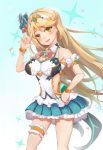  1girl :d armlet bare_shoulders blonde_hair blue_skirt blush bracelet breasts cleavage earrings eyebrows_visible_through_hair furrowed_eyebrows gem gradient gradient_background hand_on_hip hand_up head_tilt highres mythra_(xenoblade) jewelry kiiro_kimi large_breasts legs_apart long_hair looking_at_viewer miniskirt nintendo open_mouth skirt smile solo thigh_strap tiara very_long_hair xenoblade_(series) xenoblade_2 yellow_eyes 