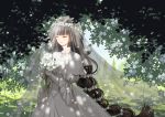  1girl bangs blue_sky blunt_bangs bouquet bracelet brown_hair closed_eyes dappled_sunlight day dress elbow_gloves facing_viewer flower gloves head_wreath holding holding_bouquet jewelry lily_(flower) long_hair long_neck necklace noah_fantasy official_art outdoors seeker sky solo standing sunlight tree veil very_long_hair wedding_dress white_gloves 