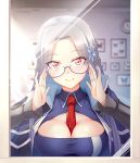  1girl adjusting_eyewear azur_lane between_breasts blush breasts closed_mouth commentary_request eyebrows_visible_through_hair glasses grey_hair hair_ornament highres large_breasts long_hair long_sleeves looking_at_viewer necktie necktie_between_breasts orange_eyes red_neckwear semi-rimless_eyewear shangri-la_(azur_lane) smile snowflake_hair_ornament solo upper_body yuki_shizuku 