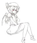  1girl bangs bat_wings bobby_socks dress eyebrows_visible_through_hair hair_between_eyes hand_on_own_chest hand_up hat hat_ribbon houtengeki invisible_chair looking_at_viewer mary_janes mob_cap monochrome petticoat puffy_short_sleeves puffy_sleeves red_eyes remilia_scarlet ribbon shoes short_dress short_hair short_sleeves simple_background sitting socks solo thighs touhou white_background wings 