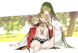  1girl 1other ;d absurdres androgynous bangs blonde_hair bracelet breasts enkidu_(fate/strange_fake) eyebrows_visible_through_hair fate_(series) genderswap genderswap_(mtf) gilgamesh green_hair hand_holding highres jewelry long_hair navel necklace one_eye_closed open_mouth red_eyes sitting smile very_long_hair 