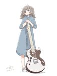  1girl bangs black_eyes blue_dress blush brown_hair buttons collared_dress dated dress east_sha2 full_body guitar instrument long_hair long_sleeves looking_at_viewer no_nose original shadow shoes signature simple_background solo standing white_background white_footwear 
