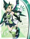  1girl absurdres akatsuki_kirika armor blonde_hair breasts chuunioniika covered_navel dated elbow_gloves eyebrows_visible_through_hair gloves green_eyes hair_ornament happy_birthday headgear highres leotard looking_at_viewer medium_breasts open_mouth scythe senki_zesshou_symphogear shiny shiny_hair shiny_skin short_hair skirt smile solo standing striped striped_legwear teeth 