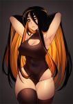  1girl armpits arms_behind_head arms_up black_hair black_legwear black_sclera breasts cleavage cleavage_cutout cowboy_shot curvy erect_nipples grey_background highres iwbitu-sa large_breasts long_hair looking_at_viewer m87_black_hole multicolored_hair orange_eyes orange_hair original parted_lips personification solo teeth thick_thighs thigh-highs thighs wide_hips 