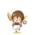  1girl bread brown_hair chibi closed_eyes dress esaka food hat jewelry money octopath_traveler open_mouth short_hair simple_background smile solo tressa_(octopath_traveler) white_background 