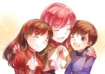  1boy 2girls altenna_(fire_emblem) brother_and_sister brown_hair cloak closed_eyes ethlin_(fire_emblem) european_clothes fire_emblem fire_emblem:_seisen_no_keifu hug leaf_(fire_emblem) mother_and_daughter mother_and_son multiple_girls nintendo siblings smile yukimiyuki 