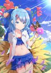  (9) 1girl alternate_costume blue_bow blue_eyes blue_hair blue_skirt blue_sky blush bow bug butterfly cirno closed_mouth clouds collarbone commentary_request day expressionless eyebrows_visible_through_hair flower frilled_skirt frills hair_bow hair_ornament hairclip highres ice ice_wings imoutochiru insect light_rays looking_at_viewer midriff navel ocean open_clothes open_shirt outdoors red_bow shirt short_hair skirt sky solo sunbeam sunflower sunlight touhou white_shirt wings 