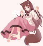  1girl alternate_color alternate_eye_color animal_ear_fluff animal_ears arms_up barefoot breasts brooch brown_hair cherry_blossoms claw_pose commentary commentary_request eyebrows_visible_through_hair fang flower frilled_sleeves frills hair_flower hair_ornament head_tilt highres imaizumi_kagerou jewelry long_hair long_skirt long_sleeves looking_at_viewer medium_breasts open_mouth pink_background pink_eyes pink_skirt shawl shirt simple_background sitting skirt solo tail thick_eyebrows touhou untucked_shirt utakata_(azaka00) very_long_hair white_shirt wolf_ears wolf_tail 