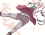  1girl ahoge asashimo_(kantai_collection) boots closed_eyes commentary_request cross-laced_footwear full_body gradient_hair hair_over_one_eye halterneck kantai_collection lace-up_boots long_hair multicolored_hair open_mouth panties panties_under_pantyhose pantyhose ponytail purple_hair purple_legwear school_uniform sharp_teeth shirt silver_hair sleeves_rolled_up smile solo teeth translation_request underwear white_shirt yoshi_tama 