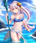  1girl armband bangle bikini blue_bikini blue_sky blush bracelet breasts day fate/grand_order fate_(series) highres holding holding_staff horns jewelry kiyohime_(fate/grand_order) long_hair looking_at_viewer navel outdoors ponytail sidelocks silver_hair sky smile solo staff standing sunlight swimsuit vdrn1dd2gxldt3g water 