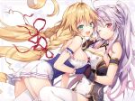  2girls :d ahoge azur_lane bangs blonde_hair blush bow braid breasts cleavage collarbone eyebrows_visible_through_hair fingerless_gloves garter_straps gloves green_eyes grenville_(azur_lane) hair_between_eyes hair_ornament hand_holding jacket large_breasts le_temeraire_(azur_lane) long_hair looking_at_viewer multicolored_hair multiple_girls one_eye_closed open_mouth purple_hair red_eyes red_ribbon ribbon riichu side_ponytail skirt sleeveless smile thigh-highs twin_braids underbust very_long_hair white_legwear 