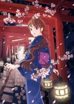  1girl blue_kimono brown_hair butterfly_hair_ornament cherry_blossoms hair_ornament japanese_clothes kimono lantern long_hair looking_at_viewer looking_back na_(sodium) obi outdoors paper_lantern path red_ribbon ribbon road sash solo standing torii very_long_hair wide_sleeves 
