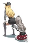  2girls ass blonde_hair cup drinking_glass grey_hair hat headgear kantai_collection leaning_forward long_hair long_sleeves military military_uniform mini_hat miniskirt multiple_girls nelson_(kantai_collection) pola_(kantai_collection) red_skirt shirt skirt thigh-highs tilted_headwear uniform wavy_hair what white_coat white_legwear white_shirt wine_glass yohei_(pizzadev) 