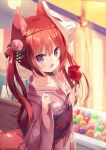  1girl :d animal_ear_fluff animal_ears bangs blurry blurry_background blush candy_apple collarbone commentary_request depth_of_field eyebrows_visible_through_hair floral_print food fox_ears fox_girl fox_mask fox_tail hair_between_eyes hands_up highres holding holding_food hoshi_(snacherubi) japanese_clothes kimono long_hair long_sleeves looking_at_viewer mask mask_on_head obi open_mouth original outdoors pinching_sleeves pink_kimono print_kimono red_eyes redhead sash sleeves_past_wrists smile solo standing tail twintails wide_sleeves 