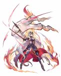  1girl absurdly_long_hair armor armored_dress bangs blush breasts cape chains cleavage commentary dress eyebrows_visible_through_hair fate/grand_order fate_(series) fire floating_hair full_body fur_collar fur_trim gauntlets granblue_fantasy greaves grin hair_between_eyes headpiece highres holding holding_sword holding_weapon jeanne_d&#039;arc_(alter)_(fate) jeanne_d&#039;arc_(fate)_(all) kakage large_breasts long_hair looking_at_viewer medium_breasts sidelocks silver_hair simple_background smile solo standard_bearer sword thigh-highs tsurime very_long_hair weapon white_background yellow_eyes 