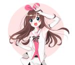  1girl :d a.i._channel arm_up bare_shoulders black_bow blush bow breasts brown_hair commentary_request detached_sleeves diagonal-striped_background diagonal_stripes green_eyes hair_ribbon hairband head_tilt highres hiroshi_(jasinloki) kizuna_ai long_hair long_sleeves multicolored_hair open_mouth pink_background pink_hair pink_hairband pink_ribbon ribbon round_teeth sailor_collar shirt short_shorts shorts sleeveless sleeveless_shirt sleeves_past_wrists small_breasts smile solo streaked_hair striped striped_background striped_bow teeth two-tone_background upper_teeth very_long_hair virtual_youtuber white_background white_sailor_collar white_shirt white_shorts white_sleeves 