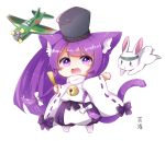  1girl :d aircraft airplane animal animal_ear_fluff animal_ears azur_lane bangs bell bishamaru_(azur_lane) black_headwear blush_stickers bow cat_ears cat_girl cat_tail chibi closed_fan commentary_request eyebrows_visible_through_hair fan folding_fan full_body hair_bow hakama_pants hat holding holding_fan japanese_clothes jingle_bell kanda_(kvzs4332) long_hair long_sleeves meowficer_(azur_lane) open_mouth pants puffy_pants purple_hair purple_pants rabbit ribbon-trimmed_sleeves ribbon_trim simple_background smile solo standing tail tail_raised very_long_hair violet_eyes white_background white_bow wide_sleeves 