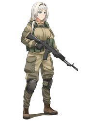  1girl alternate_costume an-94 an-94_(girls_frontline) assault_rifle blue_eyes eyebrows_visible_through_hair girls_frontline gloves gun highres jpc knee_pads military military_uniform rifle silver_hair solo trigger_discipline uniform weapon white_background 