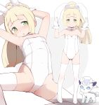  1girl alolan_form alolan_vulpix alternate_costume animal_ears arms_up bare_shoulders blonde_hair blush bow bowtie bunnysuit closed_mouth collar creatures_(company) detached_collar fake_animal_ears game_freak garoudo_(kadouhan&#039;i) gen_1_pokemon gloves green_eyes high_heels leotard lillie_(pokemon) long_hair multiple_views nintendo parted_lips pokemon pokemon_(creature) pokemon_(game) pokemon_sm ponytail rabbit_ears simple_background smile strapless strapless_leotard thigh-highs vulpix white_background white_bow white_collar white_footwear white_gloves white_legwear white_leotard 