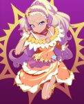  1girl amamiya_erena bare_shoulders blonde_hair choker circlet commentary covered_navel cure_soleil dark_skin dress highres long_hair looking_at_viewer mole mole_under_eye orange_dress ponytail pouch precure purple_choker purple_earrings smile solo star_twinkle_precure strap_pull uganda very_long_hair violet_eyes 