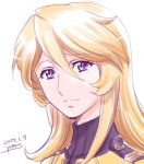  1girl 2017 blonde_hair dated eyebrows_visible_through_hair hair_between_eyes long_hair looking_at_viewer lowres mori_yuki portrait signature simple_background solo uchuu_senkan_yamato uchuu_senkan_yamato_2199 violet_eyes white_background yokon2199 