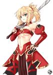 1girl artist_logo bandeau bangs bare_shoulders black_legwear blonde_hair blue_eyes blush breasts chize clarent detached_sleeves eyebrows_visible_through_hair fate/apocrypha fate_(series) hair_between_eyes hair_ornament hair_scrunchie hand_on_hip hand_up holding holding_sword holding_weapon juliet_sleeves long_sleeves medium_breasts mordred_(fate) mordred_(fate)_(all) navel over_shoulder parted_lips pelvic_curtain ponytail puffy_sleeves red_bandeau red_scrunchie red_skirt red_sleeves scrunchie simple_background skirt sleeves_past_wrists solo sword sword_over_shoulder thigh-highs weapon weapon_over_shoulder white_background 