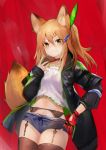  1girl animal_ears bangs blonde_hair camisole choker cowboy_shot eyebrows_visible_through_hair fox_ears fox_tail garter_belt gloves green_eyes haik hair_between_eyes hair_ornament hairclip hand_on_hip highres jacket kokonoe_tsubaki long_hair looking_at_viewer navel open_clothes open_jacket original red_background short_shorts shorts single_glove smile solo tail thigh-highs 