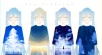  absurdres artist_self-reference blue_hair closed_eyes clouds cloudy_sky commentary hatsune_miku highres lamppost light_blush long_hair night night_sky re_eva reflection shirt sky smile star_(sky) starry_sky sunrise t-shirt twintails upper_body variations very_long_hair vocaloid white_background 
