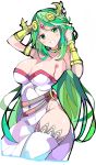  1girl armlet arms_up bangs bracer breasts circlet cleavage covered_navel dress enpe eyebrows_visible_through_hair green_eyes green_hair head_tilt highres jewelry kid_icarus large_breasts long_hair looking_at_viewer neck_ring nintendo no_panties palutena parted_bangs side_slit simple_background smile solo strapless strapless_dress thigh-highs thighs very_long_hair white_background white_dress white_legwear 