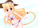  1girl :d animal_ear_fluff animal_ears bangs bare_arms bare_shoulders bikini blonde_hair blush bow breasts brown_headwear cat_ears cat_girl cat_tail cleavage collarbone commentary_request eyebrows_visible_through_hair fang gluteal_fold groin hair_between_eyes hand_up hat hat_bow kanijiru long_hair medium_breasts navel open_mouth original red_eyes red_ribbon ribbon smile solo sun_hat swimsuit tail tail_ribbon very_long_hair white_bikini white_bow 