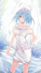  1girl blue_eyes blue_hair breasts dress feathered_wings feathers flower hair_over_one_eye hand_on_hip highres looking_at_viewer medium_breasts medium_hair original seelean smile solo standing white_background white_dress wings 