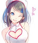  1girl ;d bare_shoulders blue_eyes bow breasts character_request cleavage cleavage_cutout grey_hair hair_bow hat head_tilt heart_cutout highres large_breasts long_hair looking_at_viewer medium_breasts one_eye_closed open_mouth simple_background sleeveless smile solo striped tebi_(tbd11) upper_body white_background white_headwear 